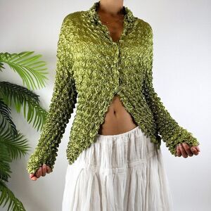 Vintage Y2K Green Fairy Grunge Boho Popcorn Button Up Open Belly Top / Size: One